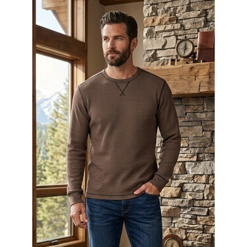 Sonoma Waffle Knit Thermal Long Sleeve Men's L Brown Crew Neck Pullover Preppy